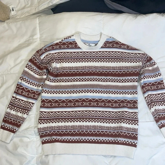 Hollister Sweater S Oversized Fair Isle Crew Neck Pullover Brown Blue - Picture 3 of 5
